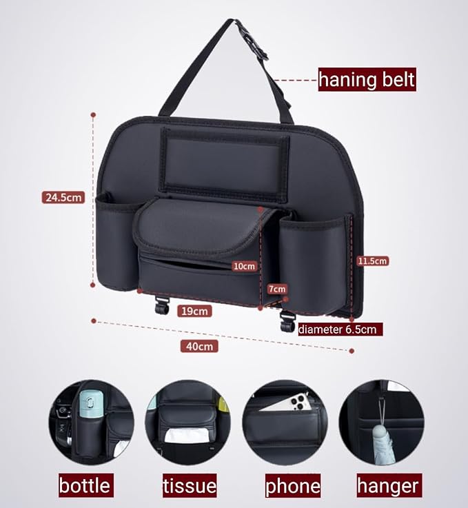 Generic Car Back Seat Organizer Hanging Car Storage Bag Automotive Seat Back Organizers Leather Car Storage Pocket with Tissue Holder