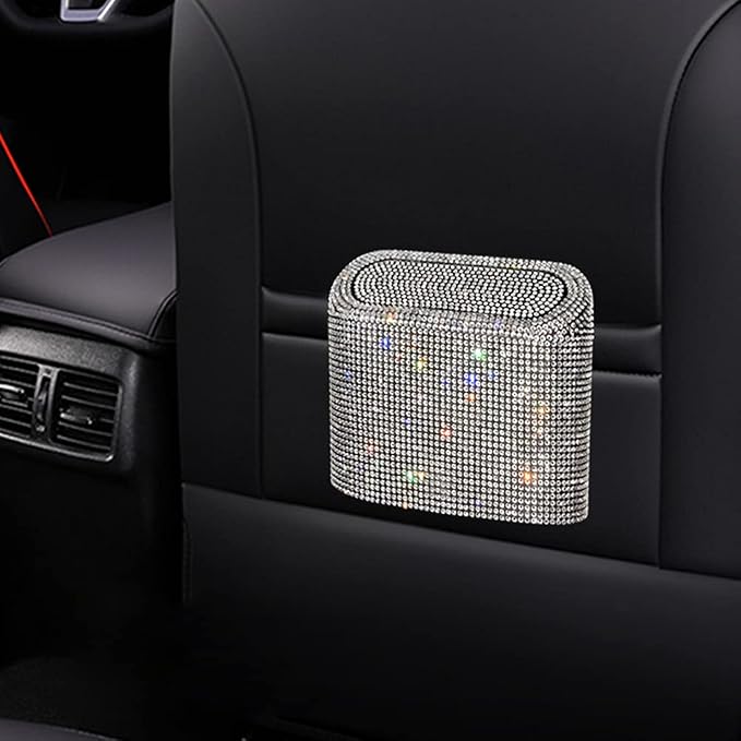 Bling Rhinestone Car Trash Can,Car Garbage Can Container Sparkle Crystal Trash Bin Dustbin Organizer Leak Proof Portable Hanging Garbage Can with Lid,Blue