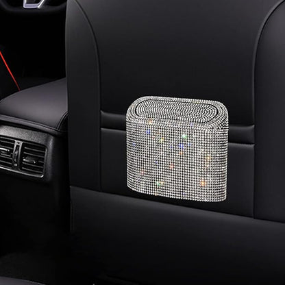 Bling Rhinestone Car Trash Can, White, Swing-Lid