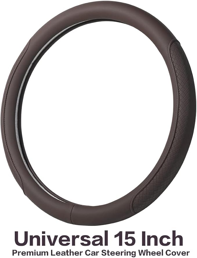 Microfiber Leather Steering Wheel Cover with Classic Embossing, Anti-Slip Breathable Auto Car Wheel Protector, 15 Inch, Coffee