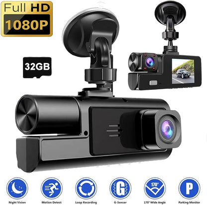 1080P Dual Dash Camera for Car Front and Inside Dashcam Car Security Video Recorder,170°Wide Angle Vehicle Cam,WDR,G-Sensor,2’’ IPS Screen,Loop Recording,Night Vision (Dual Dash Cam with 32G Card)
