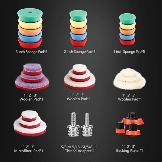 SPTA 29pcs Drill Buffing Pad Detail Polishing Pad Mix Size Kit with 5/8-11 Thread Backing pad & Adapters for Car Sanding, Polishing, Waxing (32Pcs Mini Detail Polishing Sets)