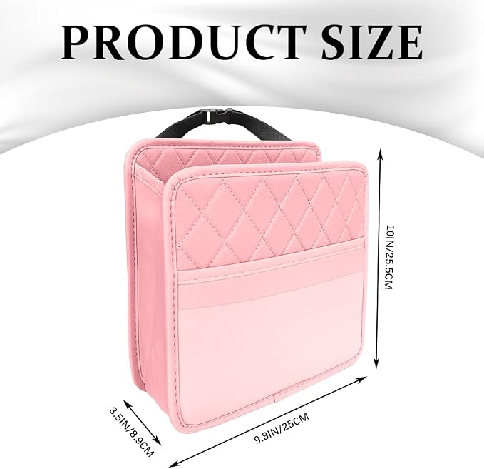 Car Seat Back Organizer, Leather Backseat Hanging Storage Bag, Multipurpose Car Hanging Trash Bag with 2 Compartments, Car Large Capacity Pouch Pocket for Kids & Adults (Pink/Transparent Bag)