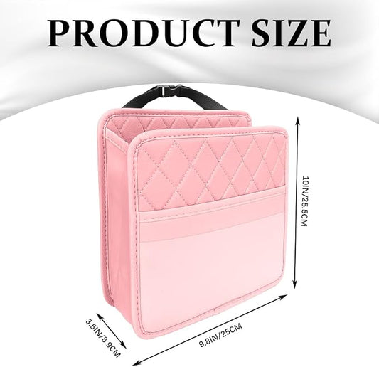 Car Seat Back Organizer, Leather Backseat Hanging Storage Bag, Multipurpose Car Hanging Trash Bag with 2 Compartments, Car Large Capacity Pouch Pocket for Kids & Adults (Pink/Transparent Bag)