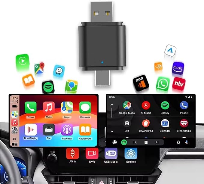 2-in-1 Wireless CarPlay & Android Auto Adapter – Plug & Play USB/Type-C Dongle, Bluetooth 5.4 + 5.8GHz Wi-Fi, Converts Wired CarPlay & Android Auto to Wireless, Fast Stable Connection