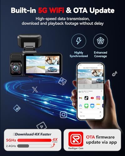 REDTIGER F17 & Acc, 4K 3 Channel Dash Cam, 5GHz WiFi Built-in GPS with 64GB Card, 2160P+1080P+1080P Front and Rear Inside, Triple Car Camera with 3 Inch Screen, IR Night Vision, G Sensor, WDR