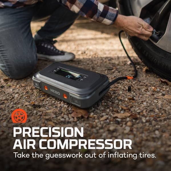 NEBO Assist 2000A Jump Starter & Air Compressor | 2000 Peak Amps, 55.5Wh Portable Car Jump Box for 12V Vehicles & Tire Inflator with Auto Shut-Off, Spark-Proof, USB-C Power Bank, Emergency LED Light