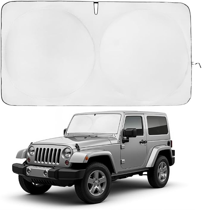 Windshield Sun Shade | Compatible for Jeep Wrangler TJ (1997-2017) | Certified 99.87% UVB & 99.02% UVA Car Sun Shade. Award Winning Sunshade - Patented Technology | Car Shades by Kinder Fluff
