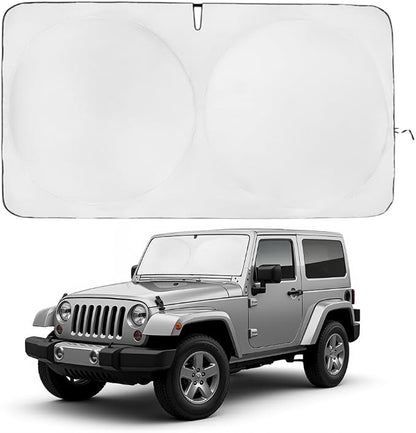 Windshield Sun Shade | Compatible for Jeep Wrangler TJ (1997-2017) | Certified 99.87% UVB & 99.02% UVA Car Sun Shade. Award Winning Sunshade - Patented Technology | Car Shades by Kinder Fluff