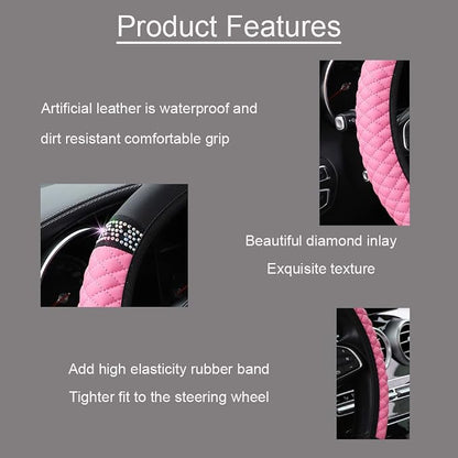 Microfiber Leather Steering Wheel Cover with Anti-Slip Lining Universal Car Accessory for Steering Wheel with a Diameter of 14.5-15 inch (Pink)