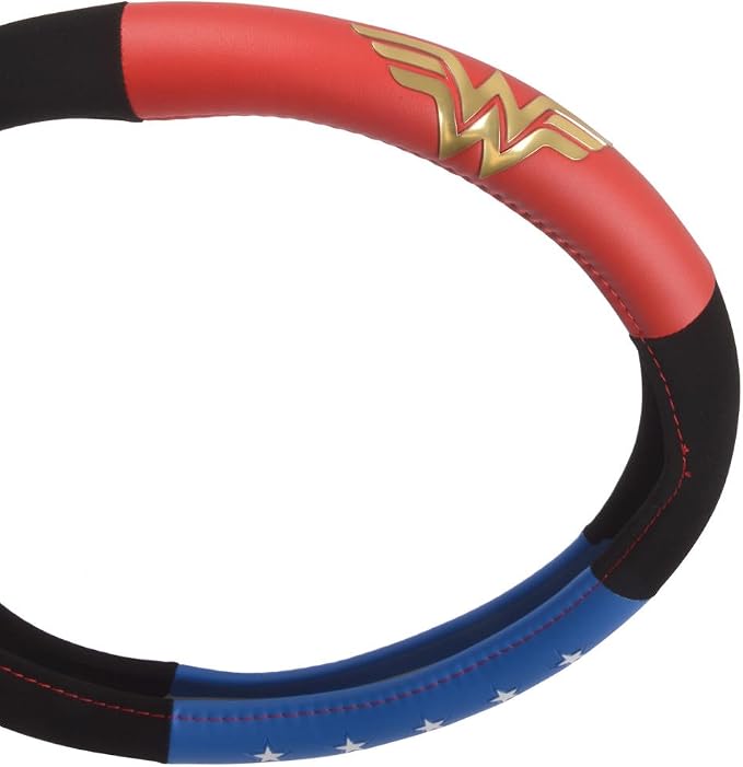 BDK Wonder Woman Steering Wheel Cover - Synthetic Leather - Stars & Gold Logo - Fits All Standard Size Wheel 15 Inch, Model Number: WBSW-1904