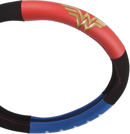 BDK Wonder Woman Steering Wheel Cover - Synthetic Leather - Stars & Gold Logo - Fits All Standard Size Wheel 15 Inch, Model Number: WBSW-1904