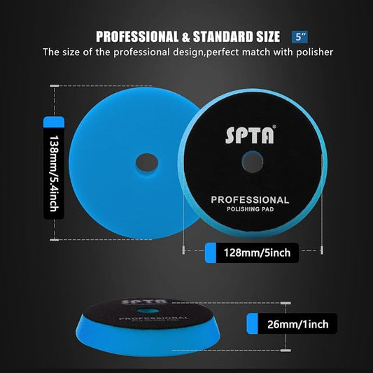 Blue T60 Moderate-Cut Foam Polishing Pads, SPTA 1Pc 5.5 Inch Face for 5 Inch 125mm Backing Plate Compound Buffing Sponge Pads for Car Buffer Polisher Compounding, Polishing and Waxing -FPBFS5B