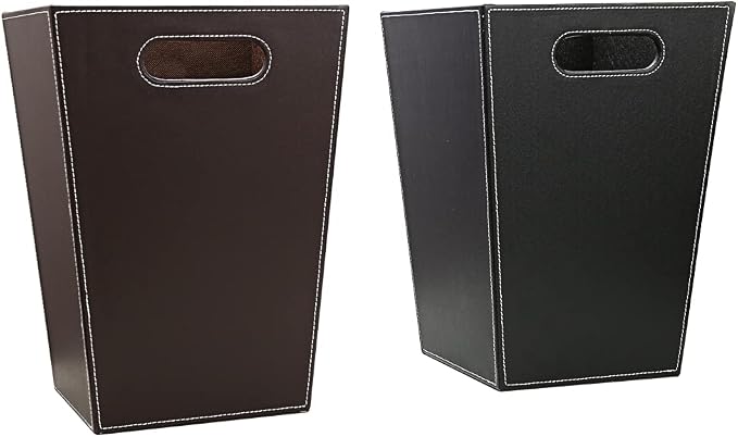 KINGFOM Classic Pu Leather Trash Can Wastebasket, Garbage Container Bin with Handles for Bathrooms, Powder Rooms, Kitchens, Home, Office and and High Class Hotel Square Brown