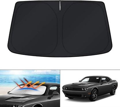 KUST Windshield Sun Shade for 2015-2023 Dodge Challenger Accessories Coupe,SRT Hellcat,Redeye,GT,RT,TA Coupe,Widebody,SXT,RT Scat Pack Custom Fit Sunshade Foldable Sun Visor Protector Blocks UV Rays