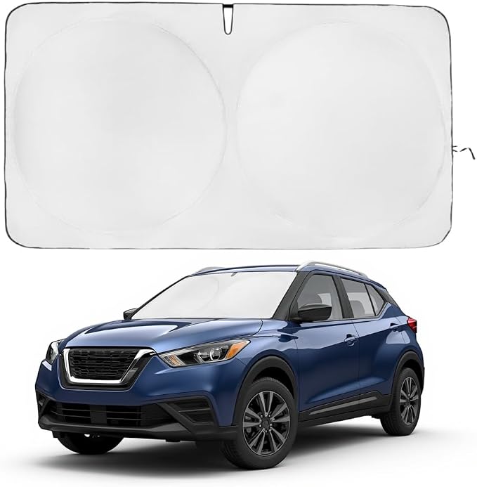 Windshield Sun Shade | Compatible for Nissan Kicks (2018-2024) | Certified 99.87% UVB & 99.02% UVA Car Sun Shade. Award Winning Sunshade - Patented Technology | Car Shades by Kinder Fluff