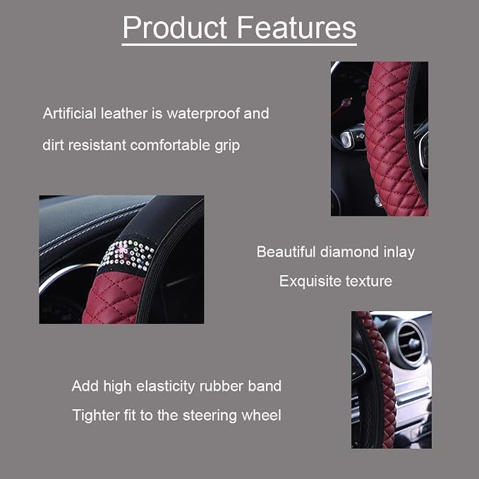Microfiber Leather Steering Wheel Cover with Anti-Slip Lining Universal Car Accessory for Steering Wheel with a Diameter of 14.5-15 inch (Wine red)
