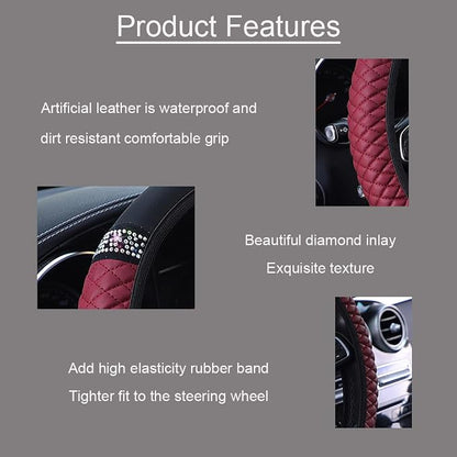 Microfiber Leather Steering Wheel Cover with Anti-Slip Lining Universal Car Accessory for Steering Wheel with a Diameter of 14.5-15 inch (Wine red)