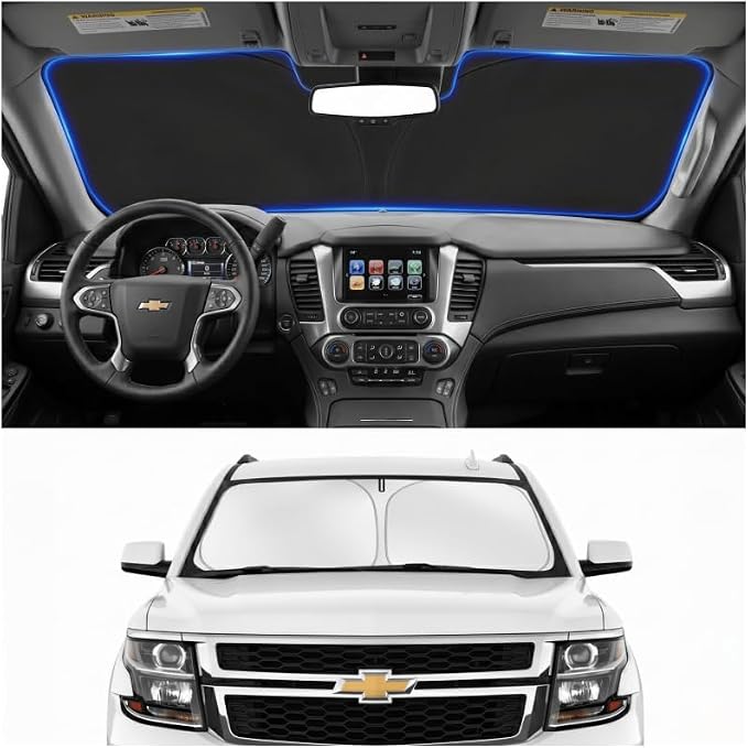 Custom Fit Windshield Sun Shade for Chevrolet Chevy Tahoe 2015-2020 | Custom Fit Windshield Cover, Blocks UV Rays, Double-Layer Heat Shield, Durable Frame, Easy Fold & Storage