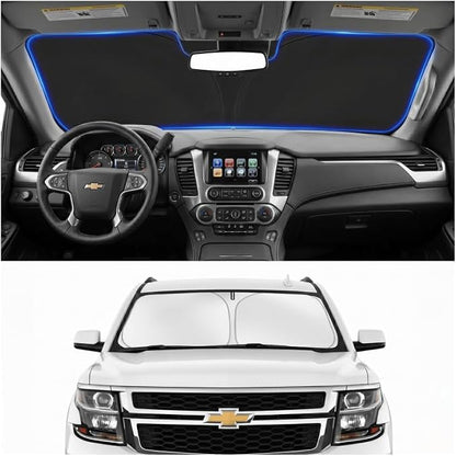 Custom Fit Windshield Sun Shade for Chevrolet Chevy Tahoe 2015-2020 | Custom Fit Windshield Cover, Blocks UV Rays, Double-Layer Heat Shield, Durable Frame, Easy Fold & Storage