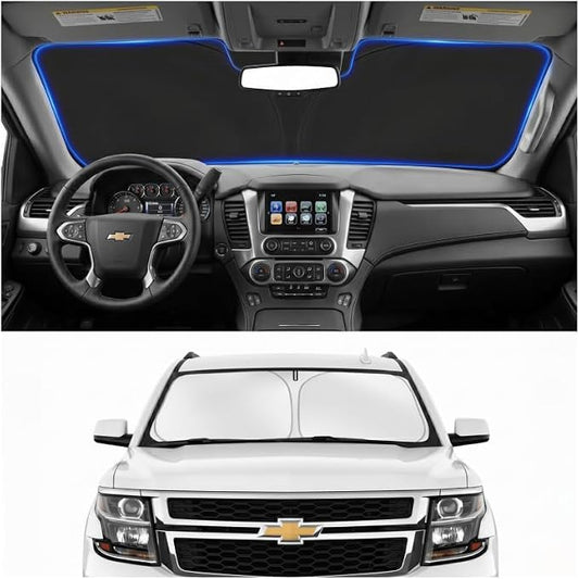 Custom Fit Windshield Sun Shade for Chevrolet Chevy Tahoe 2015-2020 | Custom Fit Windshield Cover, Blocks UV Rays, Double-Layer Heat Shield, Durable Frame, Easy Fold & Storage