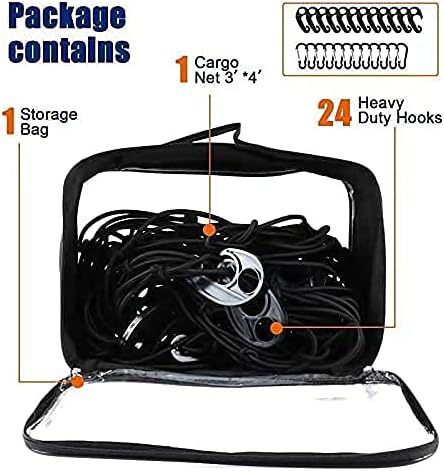 3'x4'Roof Rack Cargo Net， Mesh Bungee Net Stretches to 6'x8' for Rooftop Cargo Basket|12 Metal Carabiners + 12 Hooks Holds Loads Tighter