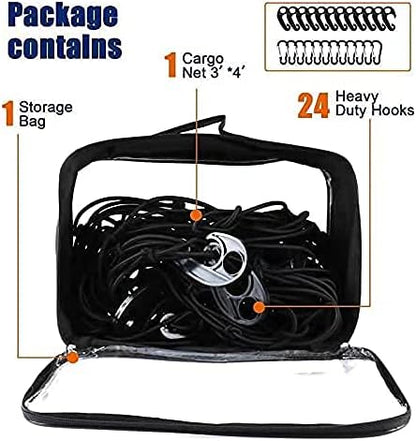 3'x4'Roof Rack Cargo Net， Mesh Bungee Net Stretches to 6'x8' for Rooftop Cargo Basket|12 Metal Carabiners + 12 Hooks Holds Loads Tighter