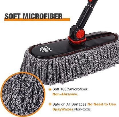 Car Duster Exterior with Extendable Handle, Scratch Free Auto Wash Brush Mop, Interior Detailing Kit for Truck RV Boat - Microfiber Duster & Interior Brush, Grey