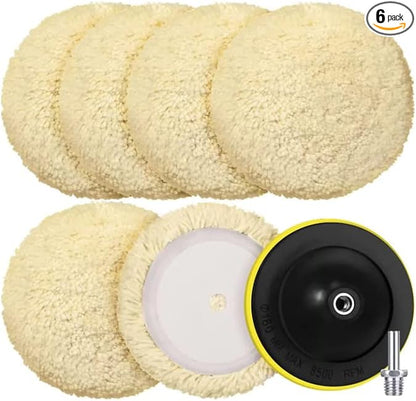 Tallew 6 Pcs 6 Inch Wool Buffing Polishing Pads Hook Loop Cutting Pads with Backing Plate for Car, Boat, Wood, Marble Surface Polishing & Scratch Removal (Original Color)