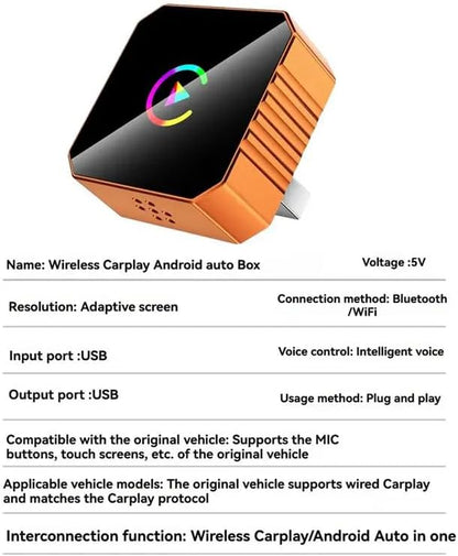 Wireless CarPlay Adapter for iPhone & Android, 2-in-1 Wireless CarPlay with Type-C Extension，for Apple iOS 10+, Android auto, Plug and Play Bluetooth CarPlay Adapter（Orange）