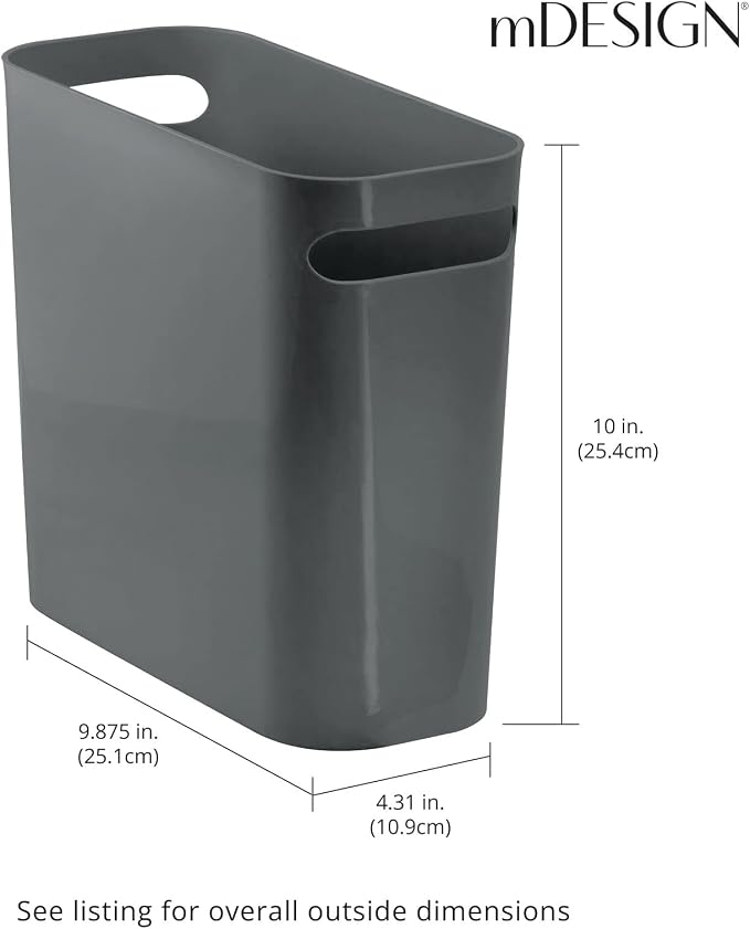 mDesign Plastic Small Trash Can, 1.5 Gallon/5.7-Liter Wastebasket, Narrow Garbage Bin with Handles for Bathroom, Laundry, Home Office - Holds Waste, Recycling, 10" High, Aura Collection, Charcoal Gray