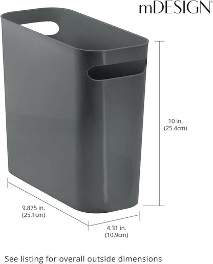 mDesign Plastic Small Trash Can, 1.5 Gallon/5.7-Liter Wastebasket, Narrow Garbage Bin with Handles for Bathroom, Laundry, Home Office - Holds Waste, Recycling, 10" High, Aura Collection, Charcoal Gray