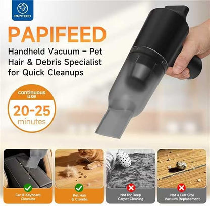 PAPIFEED Handheld Vacuum Cordless for Pet Hair, Portable Mini Vacuum with Static Hair Collector for Home, Dual-Layer Stainless Steel Filter, Dual Filte, USB-C Rechargeable Lightweight Vacuum (Black)