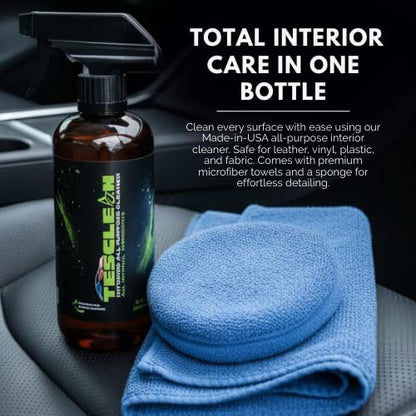 Interior Cleaner Kit for Tesla (16 oz), Made in USA | Seat Cleaner for Tesla, Safe on Vegan Leather, Fits Model S, 3, X, Y (2026), Includes Microfiber Cloth & Sponge