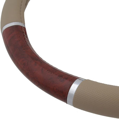 BDK Dark Wood Grain Car Steering Wheel Cover, Standard 15 inch with Beige Faux Leather Grip, Made to Fit Most Auto Truck Van SUV