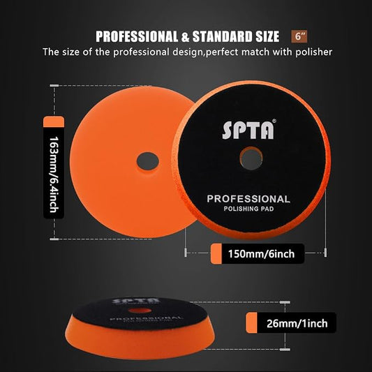 T40 Orange Medium-Cut Foam Polishing Pad, SPTA 1Pc 6.5 Inch Face for 6 Inch 150mm Backing Plate Compound Buffing Sponge Pads for Car Buffer Polisher Compounding, Polishing and Waxing -FPBFS6O