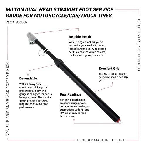 Milton Dual Foot Straight Lock-on Chuck Service Gauge, Non-Slip Grip Matte Black Poly -13” 10-160 PSI, for Large Vehicle Tires Made in USA (986BLK)