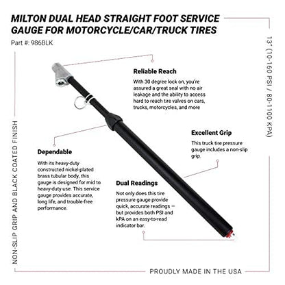 Milton Dual Foot Straight Lock-on Chuck Service Gauge, Non-Slip Grip Matte Black Poly -13” 10-160 PSI, for Large Vehicle Tires Made in USA (986BLK)
