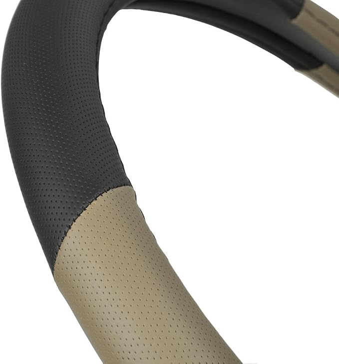 BDK Two Tone Perforated PU Leather Steering Wheel Cover for Car Van SUV Truck, 14.5 to 15 inch, Standard, Beige