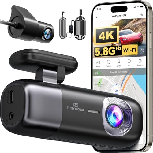 REDTIGER F9 & OBD Hardwire Kit, Dash Cam 4K Front and Rear 1080P, 5.8GHz WiFi GPS Car Camera with APP Control, Dual Dash Camera for Cars, Loop Recording(SD Card Not Included)
