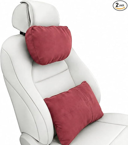 2PCS Car Pillow for Car Neck Pillow for Driving Seat Neck Support Soft Cushion Back Support Head-Rests for Vehicle Sleeping with Elastic Adjustment Strap (Red, Head and Lumbar)