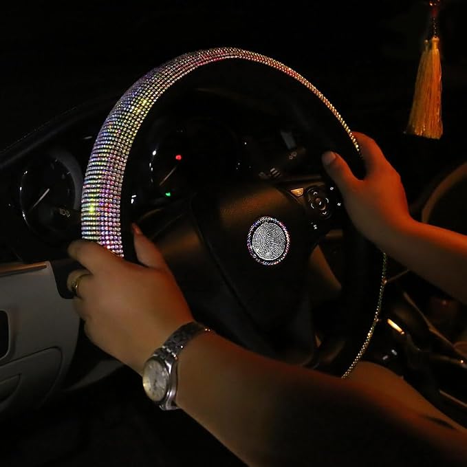 Car Sparkly Steering Wheel Cover Bedazzled for Women Girls, Large Size 15 1/2''-16'' inch Colorful Bling Anti-Slip Wheel Protector, Black