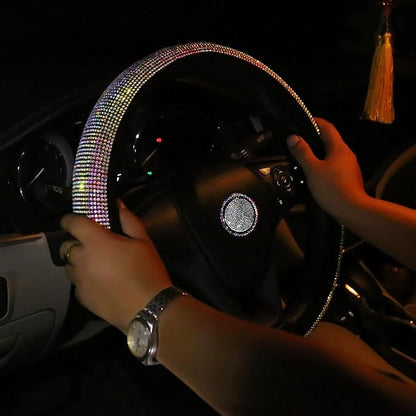 Car Sparkly Steering Wheel Cover Bedazzled for Women Girls, Large Size 15 1/2''-16'' inch Colorful Bling Anti-Slip Wheel Protector, Black