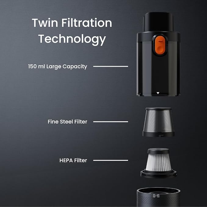V-15 Pro, Portable Car Vacuum Cleaner, Handheld, HEPA Filter, Rechargeable, Cordless, 16000PA Suction Power, 562g, 0.15L Capacity, with LED Display