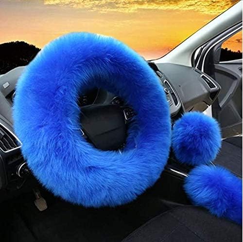 Yontree Fashion Fluffy Steering Wheel Covers for Women/Girls/Ladies Australia Pure Wool 15 Inch 1 Set 3 Pcs (Blue)