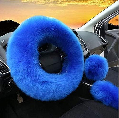 Yontree Fashion Fluffy Steering Wheel Covers for Women/Girls/Ladies Australia Pure Wool 15 Inch 1 Set 3 Pcs (Blue)