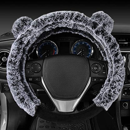 BDK Bear Fur Plush Steering Wheel Cover - Cute Faux Wool Protector for Women Girls Fits Wheels 14.5-15 inch Gray - with Ears