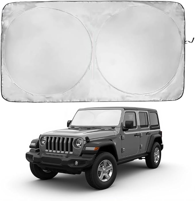 Windshield Sun Shade | Compatible for Jeep Wrangler ; Gladiator (2018-2026) | Certified 99.87% UVB & 99.02% UVA Car Sun Shade. Award Winning Sunshade - Patented Technology | Car Shades by Kinder Fluff