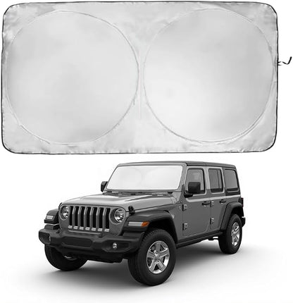 Windshield Sun Shade | Compatible for Jeep Wrangler ; Gladiator (2018-2026) | Certified 99.87% UVB & 99.02% UVA Car Sun Shade. Award Winning Sunshade - Patented Technology | Car Shades by Kinder Fluff