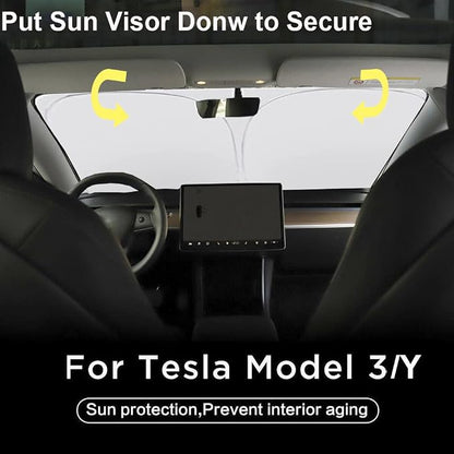 Gven Windshield Sun Shade for 2017-2026 Tesla Model Y/Model 3 Sunshade Accessories Foldable Sunshade (Fit 2025-2026 Model Y Juniper/ 2024 Model 3 Highland) Blocks UV Rays Keep Car Cool (Red)